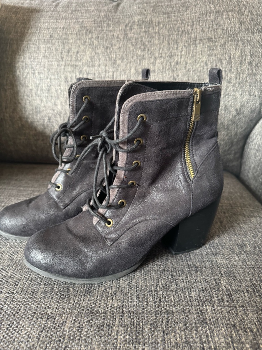 Maurices Black Lace-Up Suede Ankle Booties with Gold Zip